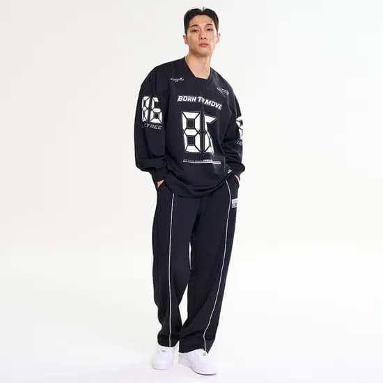 남자 여성 상하세트 자이언트 오버핏 럭비 져지 라인 트랙 팬츠 바지 셋업 블랙