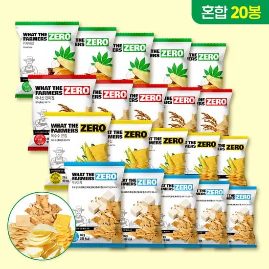 왓더파머스 제로 저당 건강간식 혼합 세트 카사바(미니),현미,옥수수,두부, 25g, 20개