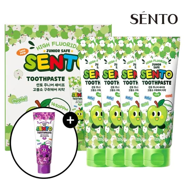 센토 주니어 비건 어린이치약 사과향 120g 4개+포도향 120g 1개