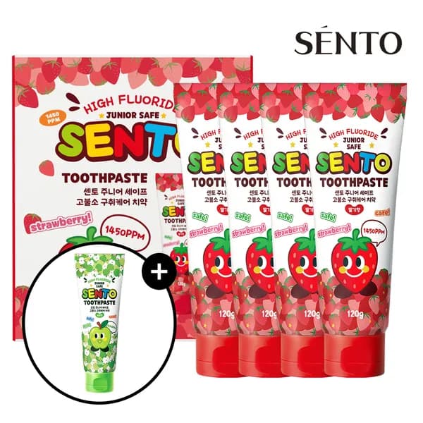 센토 주니어 비건 어린이치약 유아 초등학생 고불소 딸기향 120g 4개 + 사과향 120g 1개