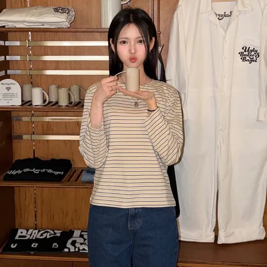 스트라이프 라운드 티셔츠 베이지