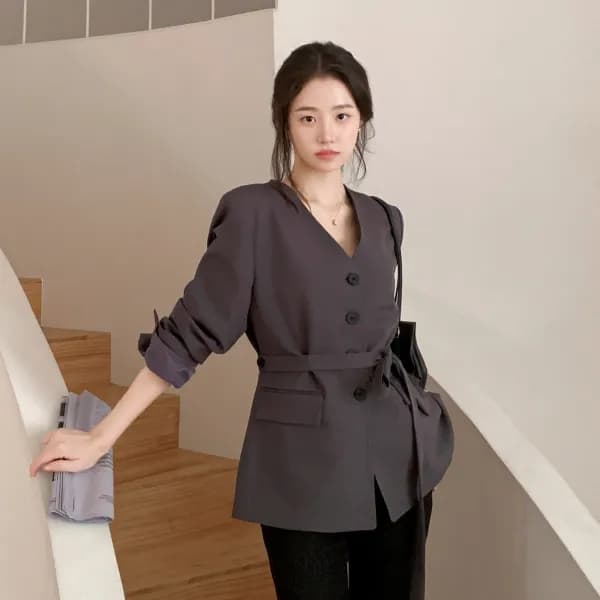 (MADE) 노카라 브이넥 허리 스트랩 자켓 jk3060