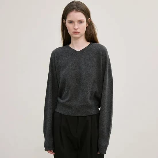 cashmere whole garment v-neck knit pullover charcoal