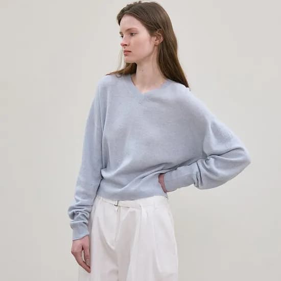 cashmere whole garment v-neck knit pullover sky blue