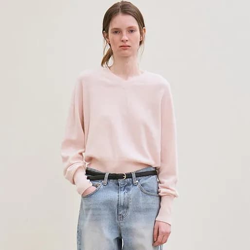 cashmere whole garment v-neck knit pullover pale pink
