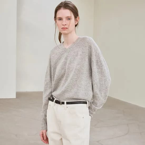 cashmere whole garment v-neck knit pullover gray
