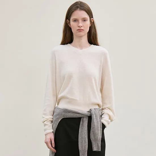 cashmere whole garment v-neck knit pullover ivory