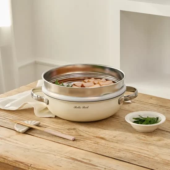 롤스보일 통5중 세라믹코팅 파티웍 24cm 아이보리 스텐304 찜기 인덕션 겸용