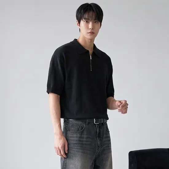 폴릭스 남자 모달 카라 반팔 니트 집업 여름 쿨링 니트티 FTK001