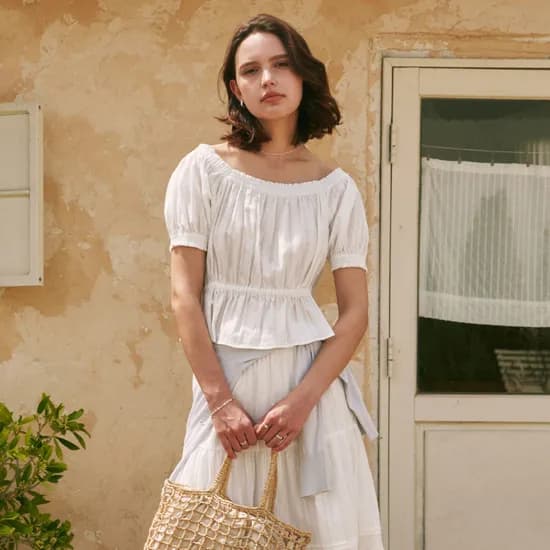 레이스 셔링 블라우스 LACE SHIRRED BLOUSE / WHITE