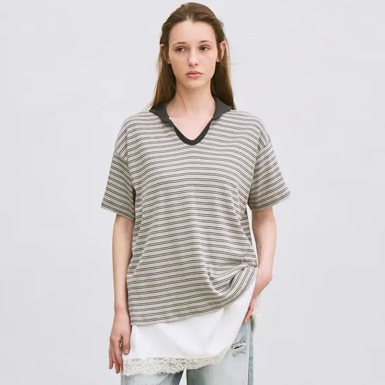 striped polo-collar T-shirt (charcoal)