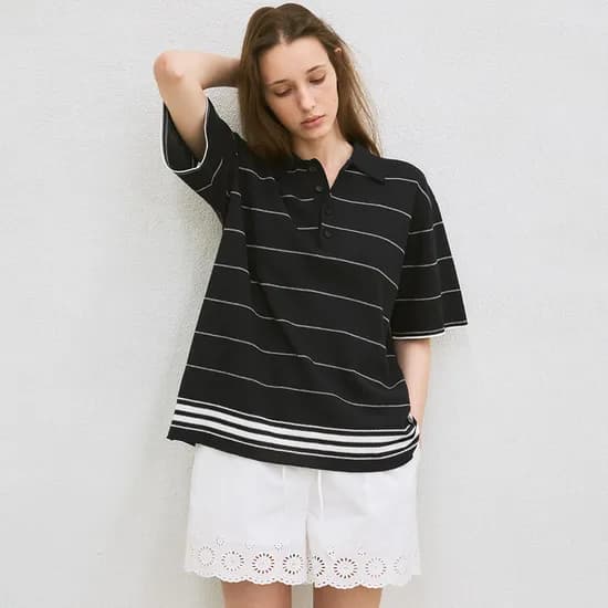 striped over-fit collared knit (navy)