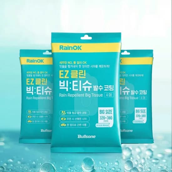 레인OK EZ클린 발수코팅 빅티슈 간편 세차 차량용 발수 코팅 티슈 (4매)X3개