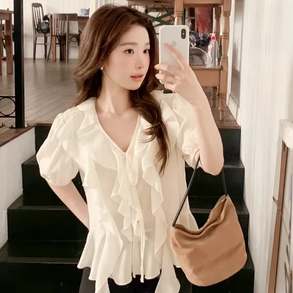 프릴 리본스트랩 페플럼 블라우스 bs8856