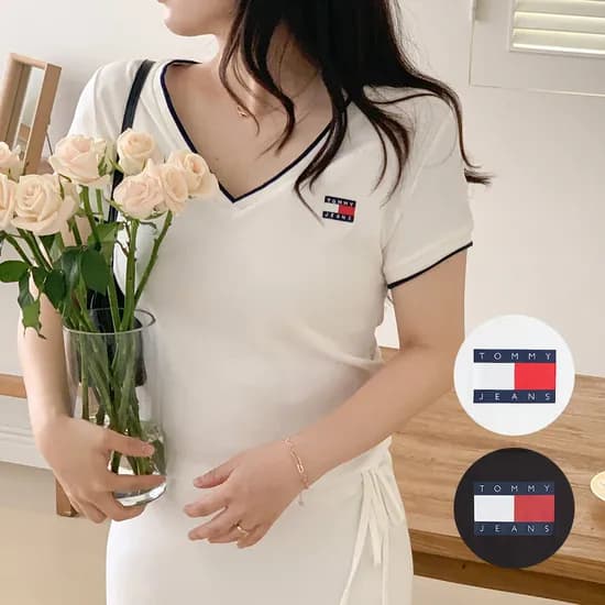타미힐피거 진스 여성 브이넥 반팔 티셔츠