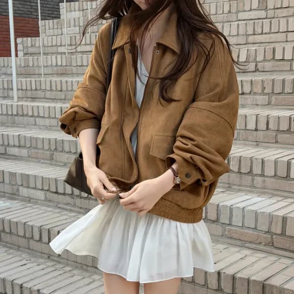 카라 절개 밴딩 루즈핏 스웨이드 블루종 점퍼 jp789 99,000원