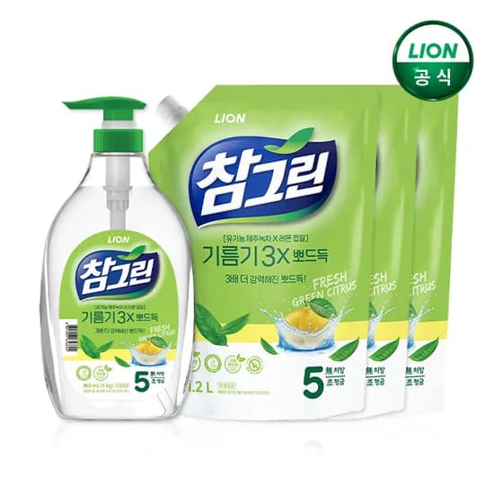 참그린 기름기뽀드득 주방세제 1kg 본품 1.2L 리필 3개