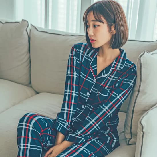 홈웨어 여성용 피치기모 긴팔 카라 커플 잠옷 상하의 세트
