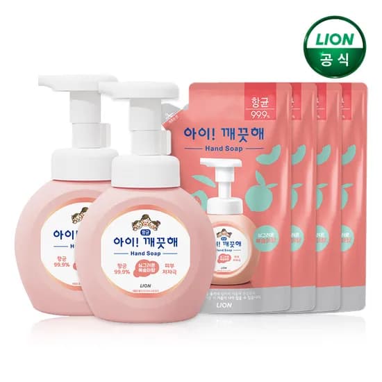 아이깨끗해 핸드워시 복숭아 용기 250ml x 2개 + 리필 200ml x 4개