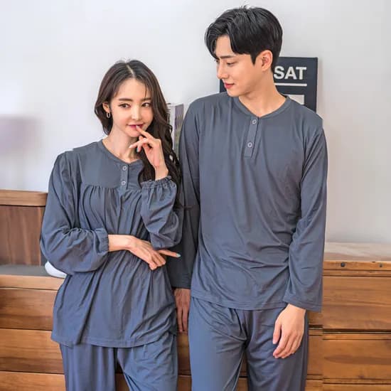 남성 여성용 피치기모 라운드 잠옷 상하 세트