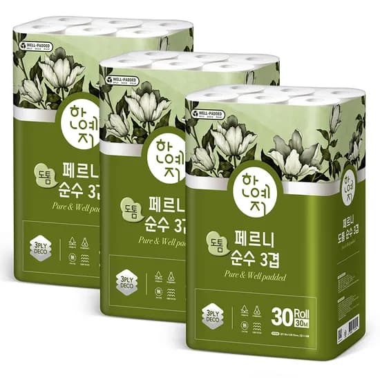 한예지 페르니 도톰 순수 3겹데코 화장지 30m 30롤 3팩