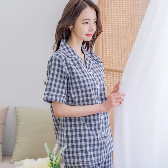 여성잠옷세트 잔체크 카라 반팔 실내복 파자마 홈웨어