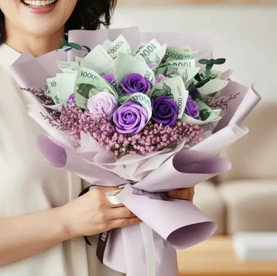 돈꽃다발 용돈 현금 카네이션 생일 칠순 보라돈장미꽃다발