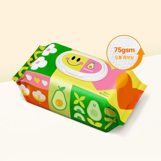 보솜이 +아보카도 액션플레이 아기물티슈 캡형 70매 X 10팩 (평량75gsm)
