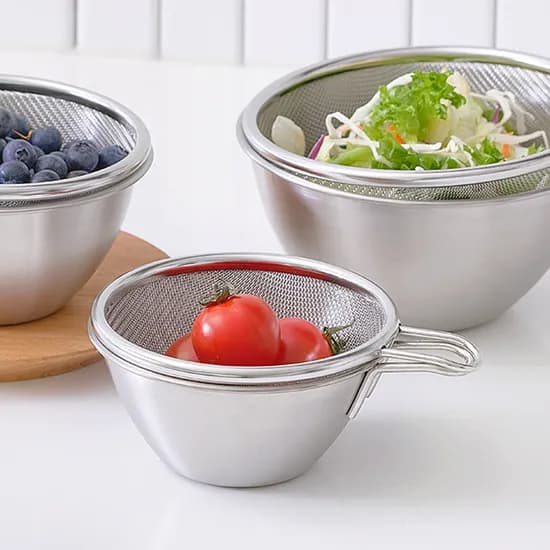 스텐 뉴미니 숏핸들 믹싱볼 1개+채반 1개 세트(11cm / 13cm / 15cm)