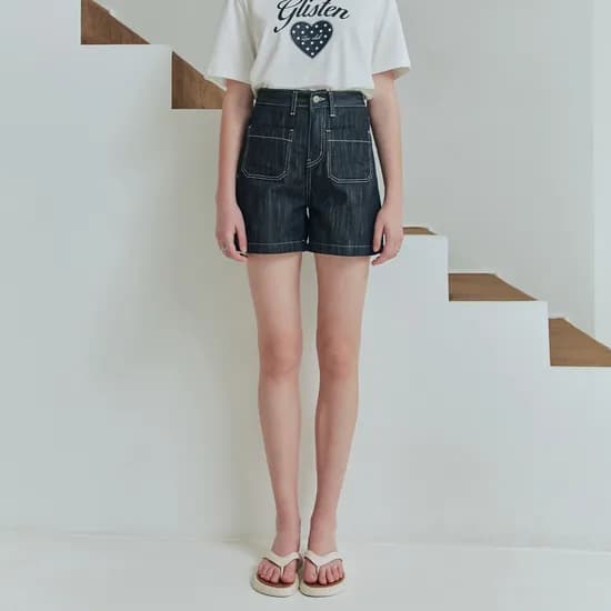 스티치 데님 반바지 STITCH DENIM SHORT PANTS / DEEP INDIGO