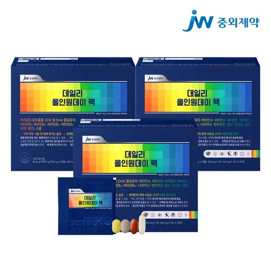 JW중외제약 데일리 올인원데이 팩 종합영양제 루테인 오메가3 비타민 2g 30포, 3개