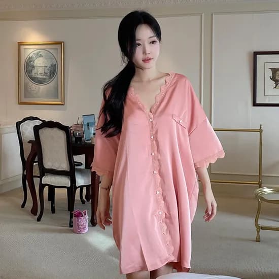 크라시앙 여리여리 오버핏 실키 슬립웨어 빅사이즈 실크 원피스 잠옷 파자마 단품