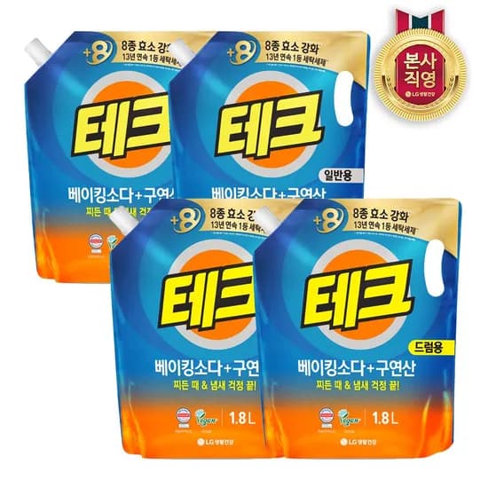 테크 베이킹소다+구연산 실내건조 액체세제 리필 1.8L x 4개