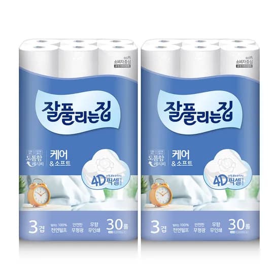 케어앤소프트 천연펄프 3겹 화장지 27m x 30롤 x 2팩