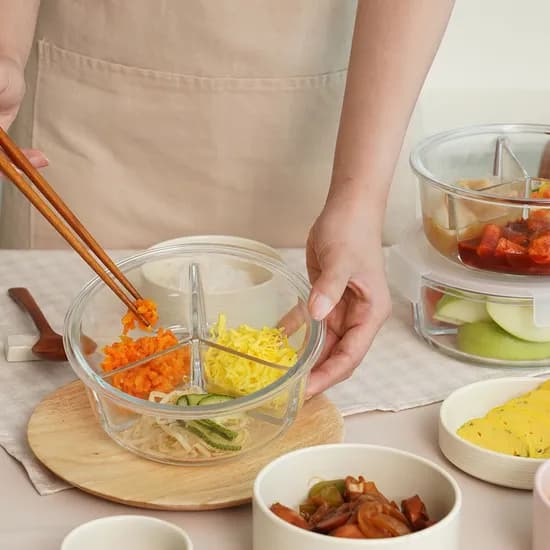 3구 칸막이 내열유리 반찬용기 냄새차단 밀폐용기