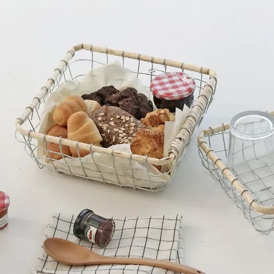 마르쉐 철사 꼬임 바스켓 사각 2size 우드 빈티지 트레이