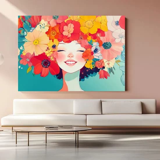 행복만개 그림 캔버스액자 돈 들어오는 꽃 머리 웃는 여성 카페 샵 풍수 인테리어 액자