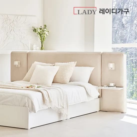 스테이블 E0 신혼 호텔감성 조명 빅수납 패브릭 침대 슈퍼싱글/퀸 (매트리스 선택)