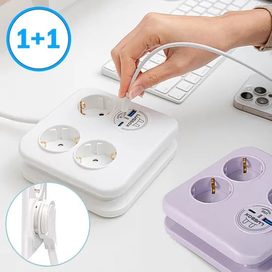1+1 납작 멀티탭 디자인 인테리어 플러그 고용량 사각 C타입 USB 1.4m 3m