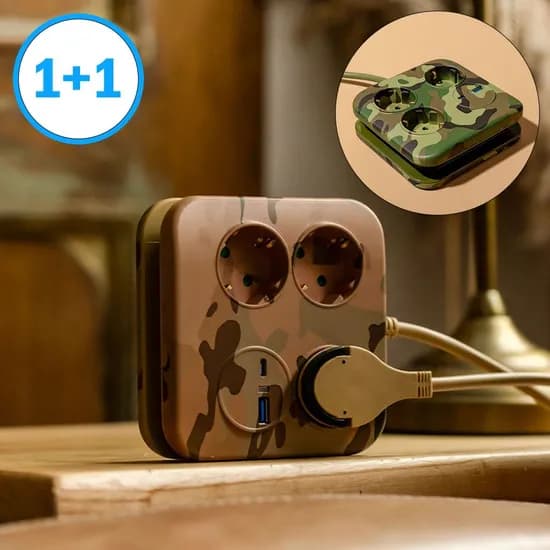 1+1 납작 멀티탭 디자인 플러그 고용량 사각 C타입 USB 1.4m 밀리터리 카모
