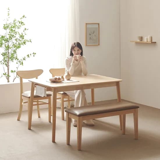 쿠폰가 153,000원 / 노블 고무나무 원목 4인용 식탁세트 쿠션벤치형 (벤치1+의자2)