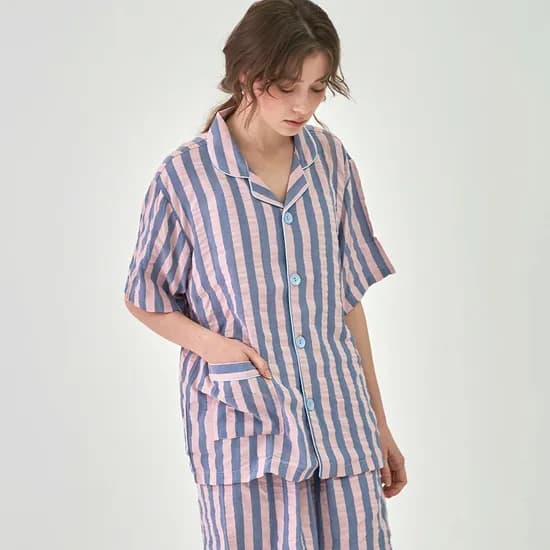 블루 버튼 스트라이프 반팔 커플 잠옷