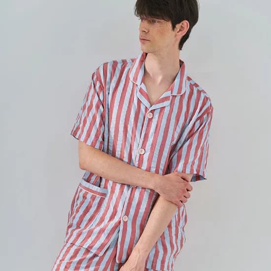 핑크 버튼 스트라이프 반팔 남성 잠옷