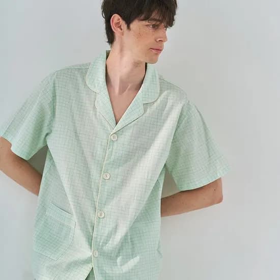 순면 심플 민트 체크 반팔 세트 남성 잠옷