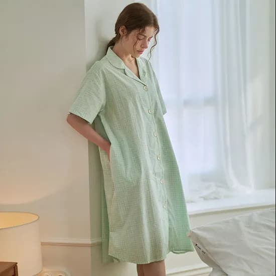 순면 심플 민트 체크 반팔 원피스 여성 잠옷