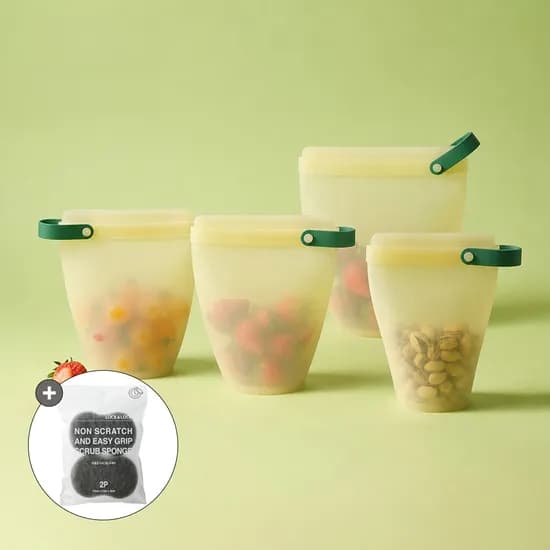 바로한끼 실리콘 지퍼백 컵형 4P세트(400ml+700ml*2+1.1L)