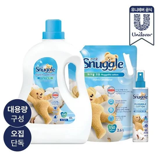 스너글 초고농축 허거블코튼 섬유유연제 대용량 세트 4L+2.6L+탈취제 150ml