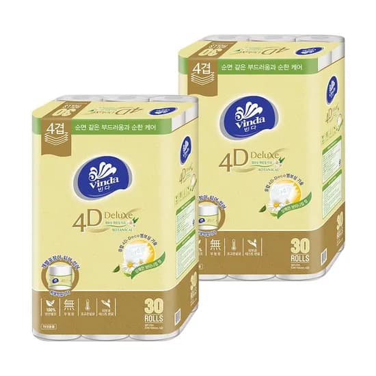 빈다 4D Deluxe 엠보싱 보타니컬 롤화장지 4겹, 23m, 30롤, 2팩