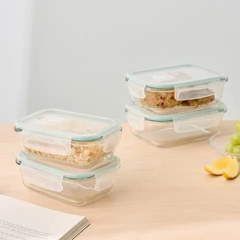 오븐유리 스팀홀 직사각 밀폐용기 4P세트 370ml 2P, 640ml 2P