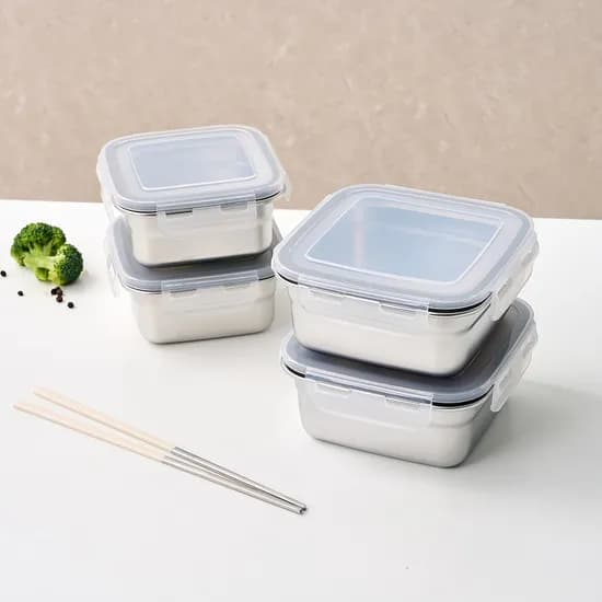 실속있는 스텐304 밀폐용기 정사각 4p세트350ml 2p, 550ml 2p
